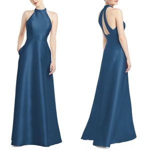 NWT ALFRED SUNG Dusk Blue Satin Twill A-Line Evening Dress w/Halter, Size 0